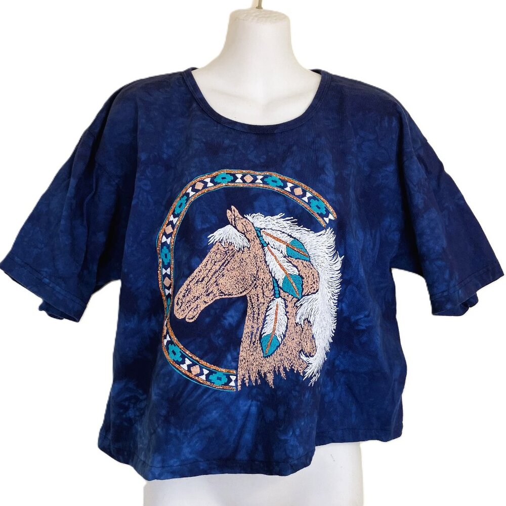 Cactus Bay Horse Graphic T-Shirt Cropped Blue Tie Dye Glitter Vintage 1997 Lynee